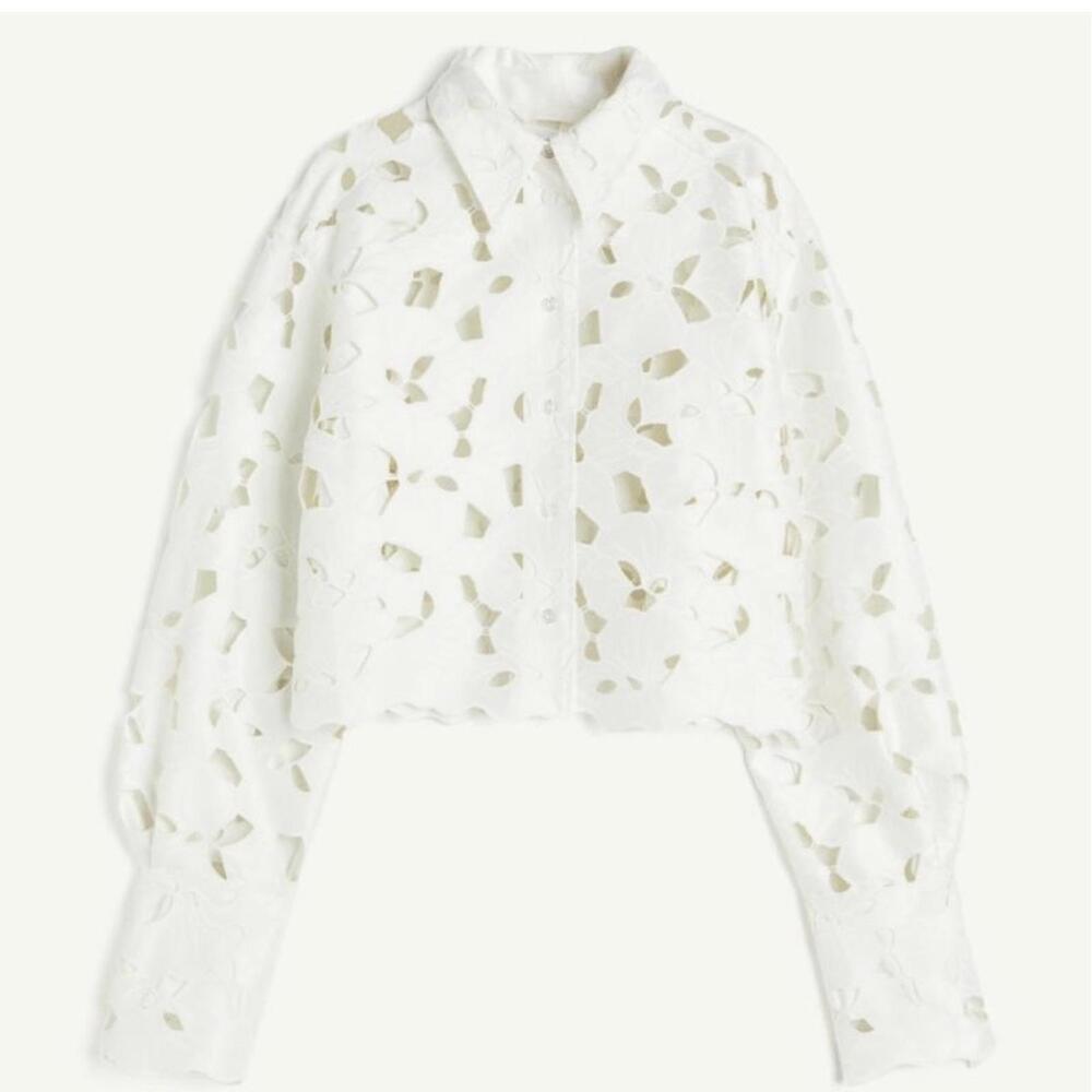 BNWT H&M Satin Button-Up Shirt Blouse W/ Eyelet Embroidery  Ecru S